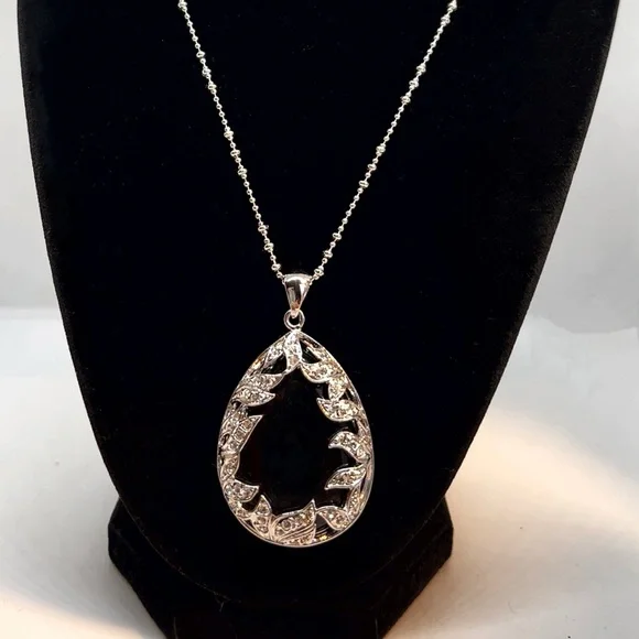 Silver-Tone Teardrop Obsidian Stone Encased Crystal Pendant & Matching Earrings - Picture 8 of 9